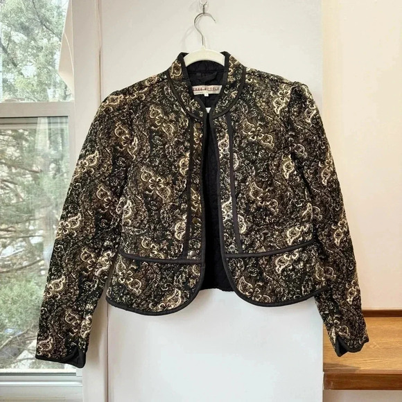 New Free People Zoey Jacket Quilted Fall Paisley Print Collarless Black - Picture 3 of 13